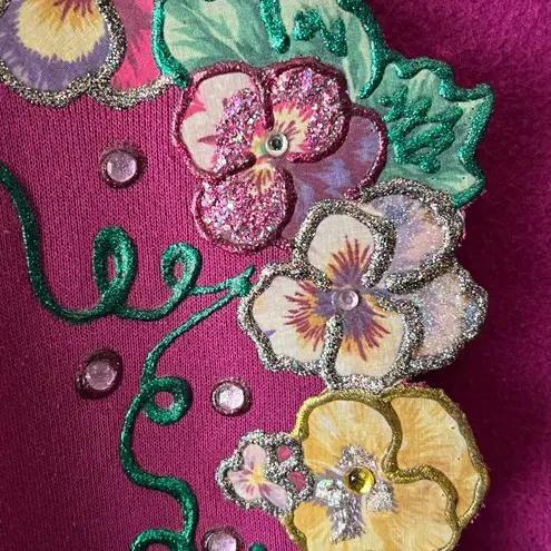 Vintage Fuchsia Elaborate Floral Applique Open Front Sweatshirt cardigan. Size Size 2X