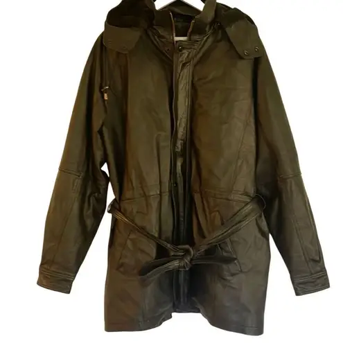 VintageāLeather black hooded faux fur lined trench jacket M Size M