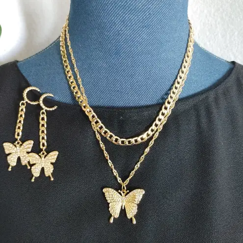 2 Gold Chain w Butterfly Necklace & Earrings Set