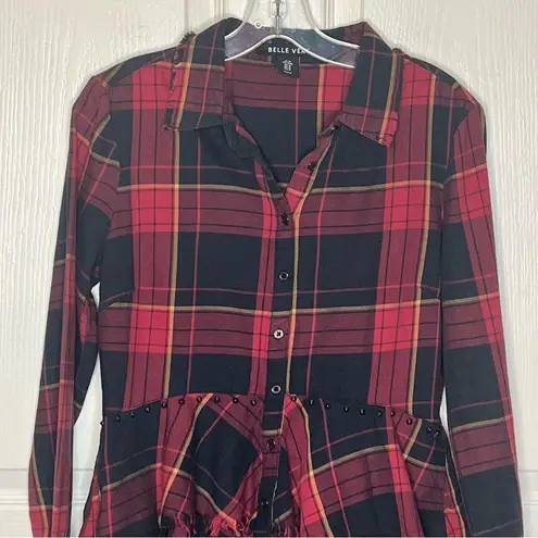 Belle Vere Sz M Plaid Frayed High Low Button Up Top Studded Waist Red Black