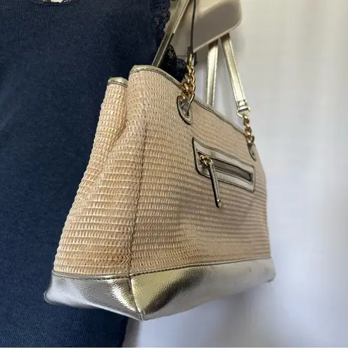 Tignanello Rattan Woven Faux Leather Gold Metallic Trim Shoulder Bag Purse