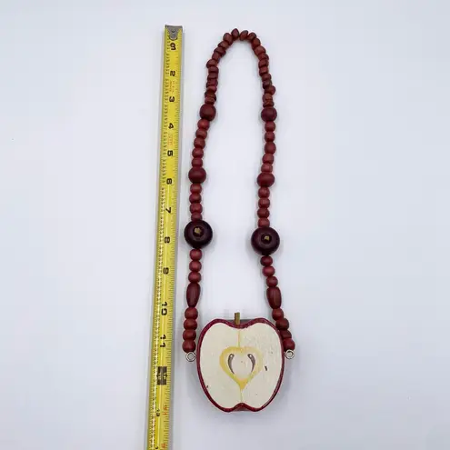 Vintage 90s Wooden Apple Beaded Necklace Teacher Artsy Unique Statement Jewelry Red