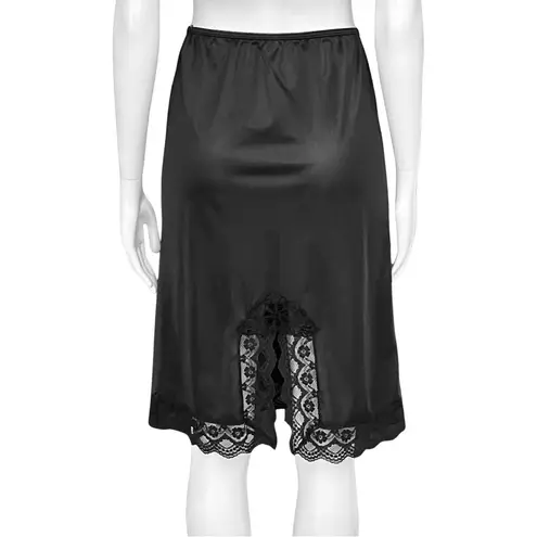 Vintage 70s Black Satin Lace Slip Skirt. XS/S. Lingerie Whimsigoth Coquette Goth