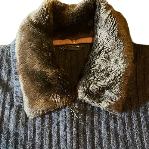 Roberto Collina Large Navy Rib Knit Zip Up Sweater Removable Fur Collar Grandma Blue