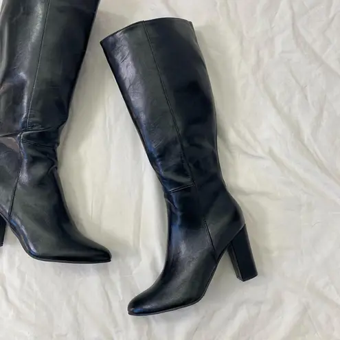 NEW 90s Style Black Faux Leather Slouchy Knee High Heel Elegant Glam Boots 8.5