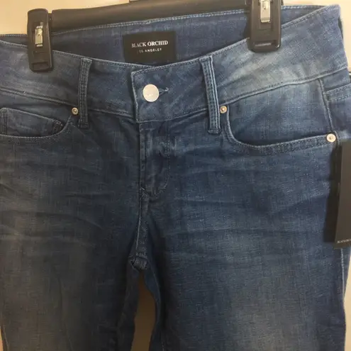 Black Orchid women's straight slim stretchy medium dark wash jeans 27x31