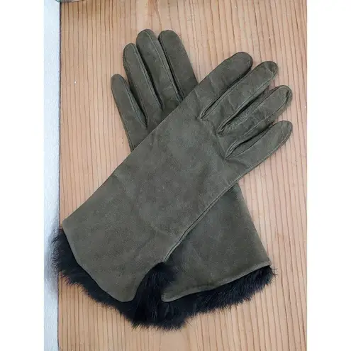 VTG Rabbit Fur Cuff Gloves Ladies Women Size 6.5 Green Leather Black Mob Wife