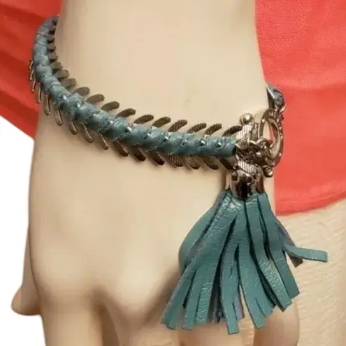 NISSA BLUE LEATHER WOVEN SILVERTONE WRAP CHAIN BRACELET TOGGLE CLOSURE Silver