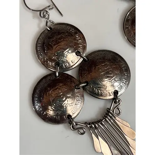 Handmade Peruvian Coin Dangle Earrings Boho Silver Tone 1/2 Sol De Oro 1970s