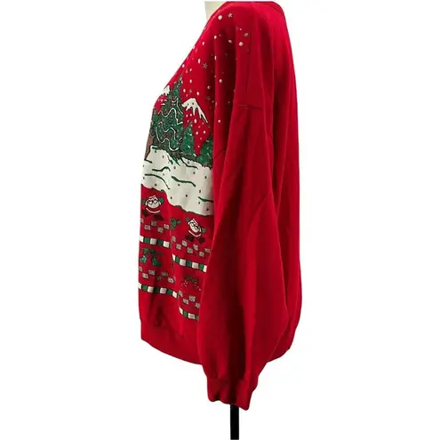 Vintage 90s Varsity Ugly Christmas Sweatshirt Santa Snowman Reindeer Unisex Larg Red Size L