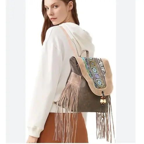 BOHEMIAN FAUX LEATHER & TASSELS BEADED BACKPACK Brown