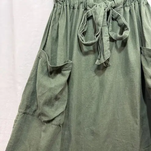 Fat Face 10 Linen Army Green Midi Dress Scoopneck Pockets Tie Front Summer Beach