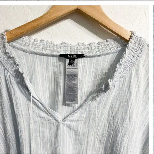 NYDJ Smocked Stripe Tassel Kaftan Embroidered Tunic Top Large Blue Boho Cover Up