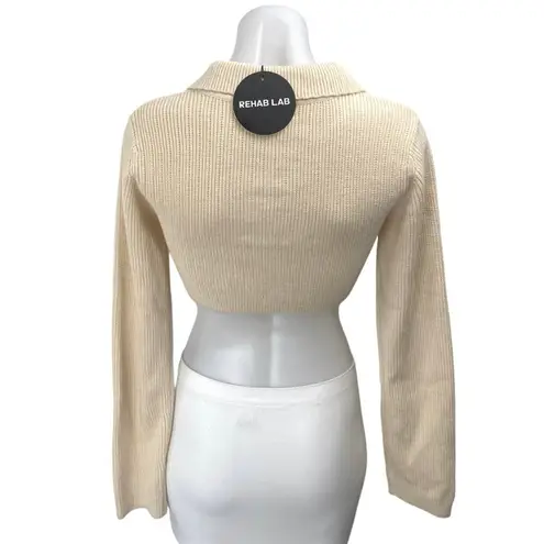 Rehab NEW Lab Beige Ribbed Knit Long Sleeve Pin Collar Cardigan Crop Top Size S