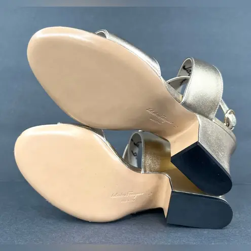Salvatore Ferragamo SHEENA METALLIC GOLD LEATHER ANKLE STRAP SANDALS SIZE US 6