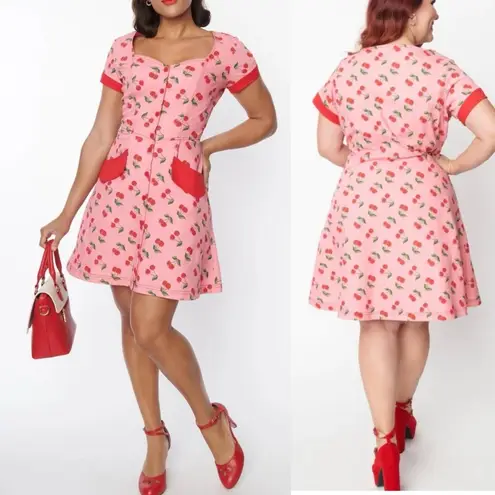 Unique Vintage New Retro Cherry Print Button Front Mini Fit Flare Dress Pink Red