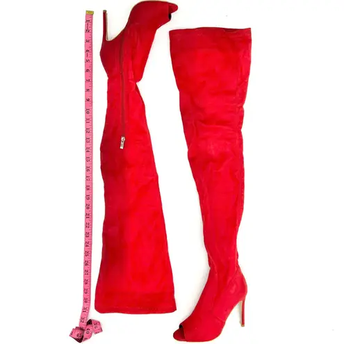 Ultra High Boots Over The Knee Peep Toe High Booties Heels Stiletto Slim Fit Suede Shoes Thigh Boots Red Size 6