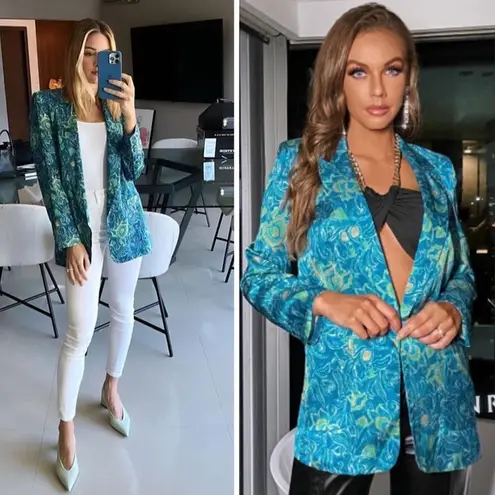 ZARA  Satin Peacock Hawaiian Print Blazer Blue/Green SIZE S NEW