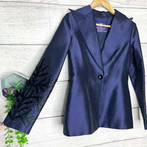 Max Nugus Haute Couture Navy & Black Rhinestone Evening Blazer Jacket Size Small Blue