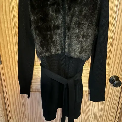 T Tahari faux fur belted cardigan black wool blend large