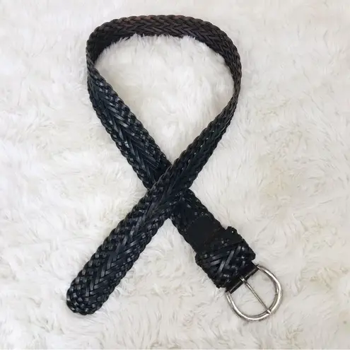 VINTAGE Wide Brown Braided Leather Belt Woven Silver Buckle 90s Y2K Size Large Brown