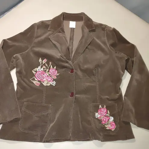 Corduroy Blazer Size XL Embroidered Roses Vintage Brown Pink Pockets Button