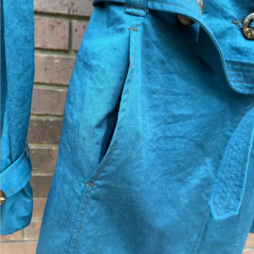 Ambition Double Breasted Trench Coat Teal Belt Women Size Small Chic Lightweight Blue