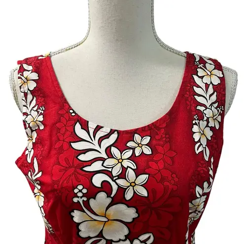 Vintage Jade Fashions Floral Hawaiian Print Sleeveless Dress Luau Made in Hawaii Red