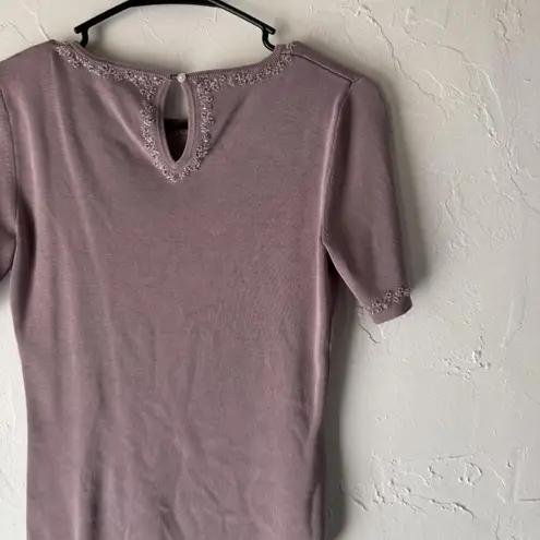 Sweater Vintage 90s Small Purple Silk Floral Embroidered Beaded Knit Top Fairy