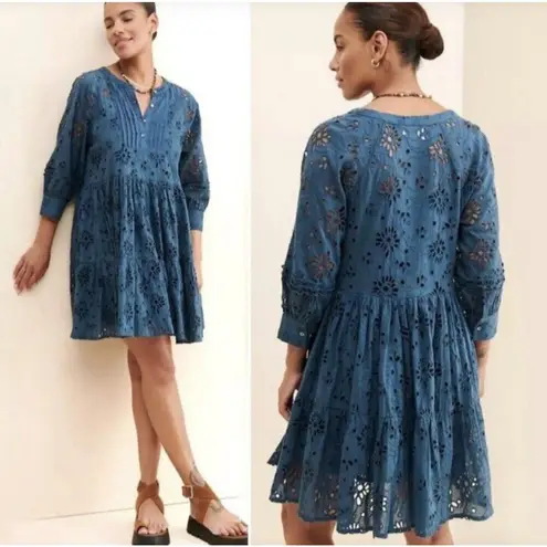 Anthropologie dRA Los Angeles Yara Eyelet Mini Dress L Cornflower Blue Cotton Size L