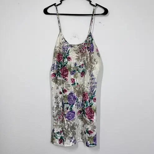 Vintage California Miss Womans Slick Satin Robe Ivory Floral Robe Slip Set Purple Size M