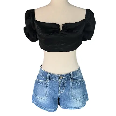 superdown  Black Puffer Sleeve Satin Crop Top With Zipper In Back