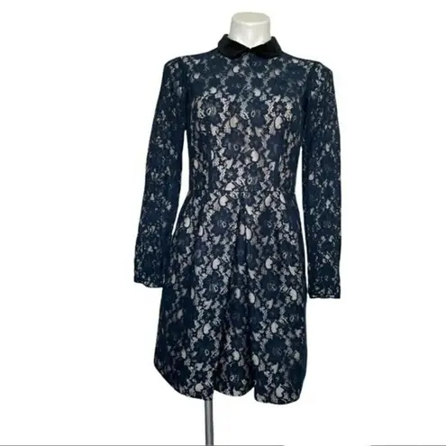 Jill Stuart Blue velvet Peter Pan Lace Dress Long Sleeve size XS PETITE NEW