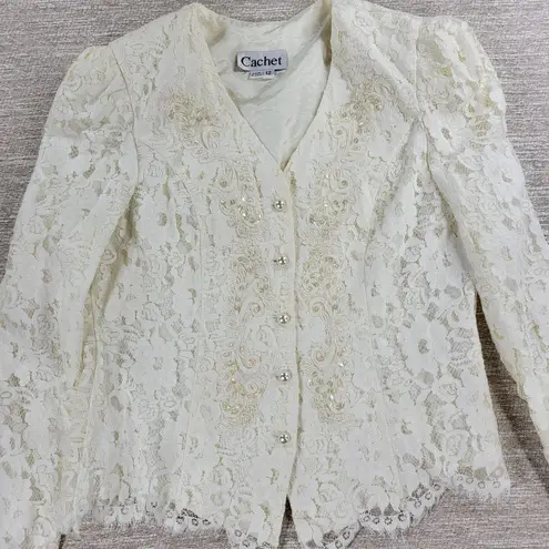 VTG Cachet Lace Jacket Womens 12 White Sequin Pearl Button Victorian Bridal