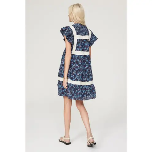 SEA NEW YORK Dark Blue Floral Cotton Lace Trimmed Tilly Tunic Dress Size 14