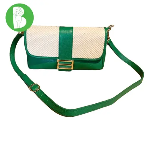 Divena Firenze DIVINA FIRENZE EMERALD GREEN LEATHER AND CREAM RATTAN CROSSBODY BAG