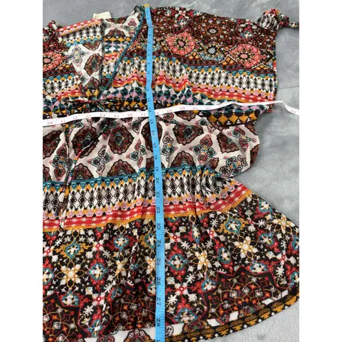 EMBER Coffee Brown Deep Vneck Tie Cuffs Festival Boho Blouse Top Large vacation