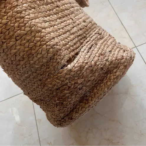 Rafia and Pom Bucket Tote Bag Tan