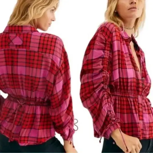 Free People  pacific dawn red plaid button down shirt s