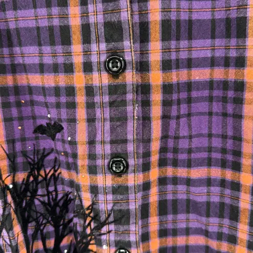 Krazy Kat Purple Orange Plaid Halloween embellished Button Down Shirt XXL bats