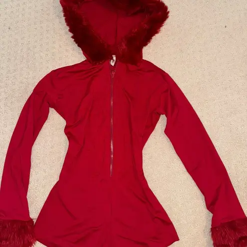 She Devil Costume Zip Up Red Romper Hoodie with Fur Hood Size M