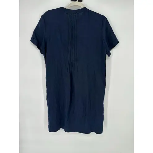 Quince Short Sleeve Linen Shift Swing Dress Navy Blue Pintuck Pleat S Coastal