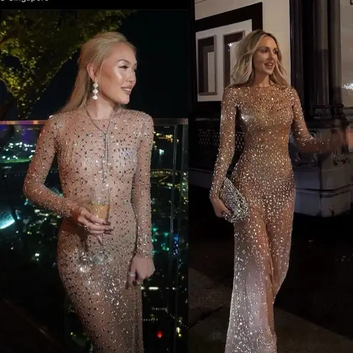 NEW Retrofete Vinci Maxi Dress Nude and Silver Size Medium Tan