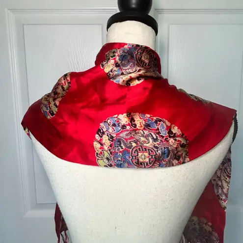 Vintage Chinese Red Silk Brocade Fringe Scarf Wrap Dragon Longevity Medallion