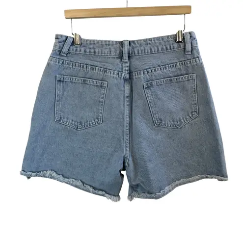 Distressed High Rise Denim Shorts M Raw Hem Light Wash Jean Cutoff Casual Boho Blue Size M