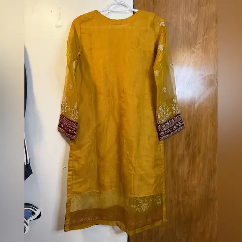 Embroidered Mustard Yellow Kurta with Mirror Accents size S Purple