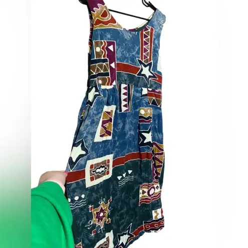 Vintage 90s Stars / Shapes 100%‎ Rayon Maxi Dress Java Lava Size Medium Blue