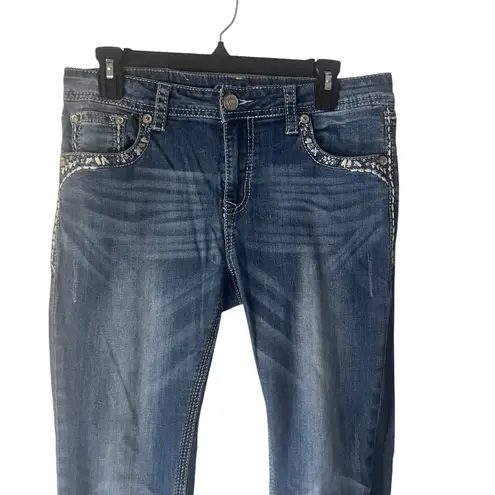 Grace Women's 30 Bedazzled Rhinestone Embroidered Pockets Straight Jeans Blue