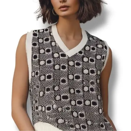 Vintage 70s Sweater Vest Brown Oatmeal Abstract Geometric Printed Knit Ribbed Size M