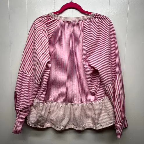 Free Assembly Striped Long Sleeve Ruffle Hem Womens Cotton Top Size XL Pullover Pink